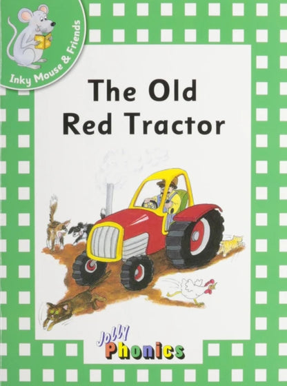 Book cover of 'The Old Red Tractor' with a red tractor illustration on a green checkered background.