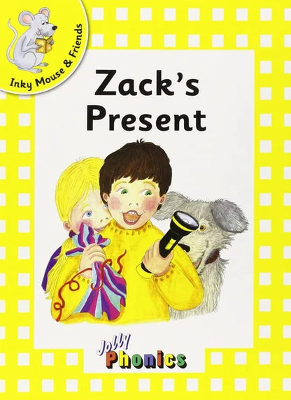 Book cover of 'Zack's Present' featuring a child with a present and a dog, on a yellow background.
