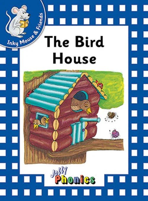 Book cover of 'The Bird House' by Inky Mouse & Friends with a birdhouse illustration on a blue checkered background.