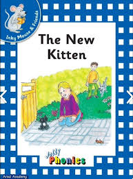 Book cover of 'The New Kitten' with a child and kitten illustration on a checkered border.