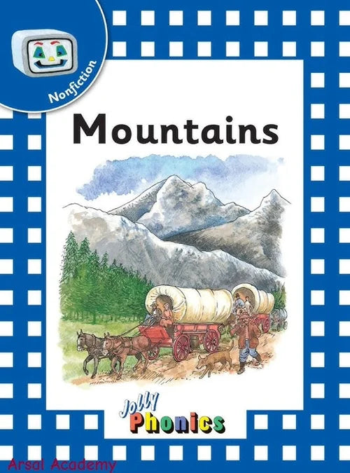 Book cover of 'Mountains' from Jolly Phonics series with illustration of mountains and covered wagon.
