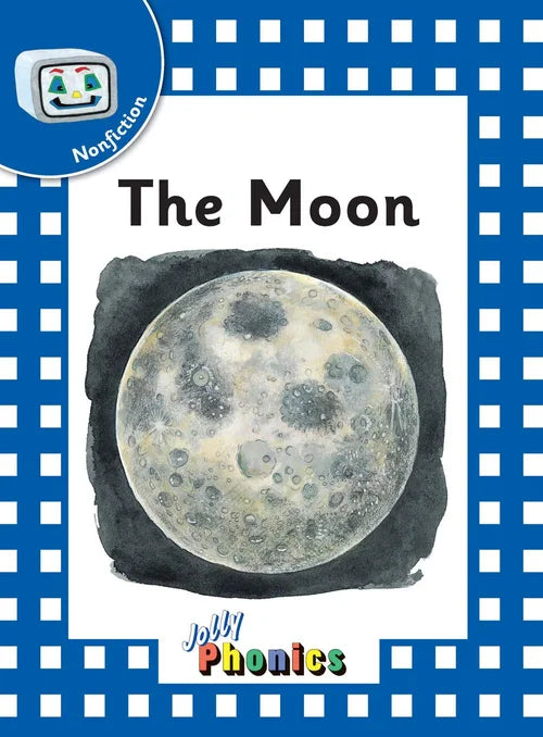 Book cover of 'The Moon' with a moon image on a blue and white checkered background