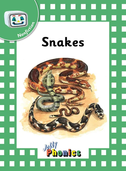 Book cover of 'Snakes' from Jolly Phonics with snake illustrations on a green and white checkered background.