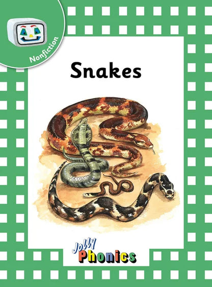 Book cover of 'Snakes' from Jolly Phonics with snake illustrations on a green and white checkered background.