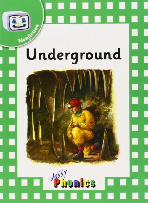 Book cover of 'Underground' by John Phonics with a miner illustration on a green checkered background.