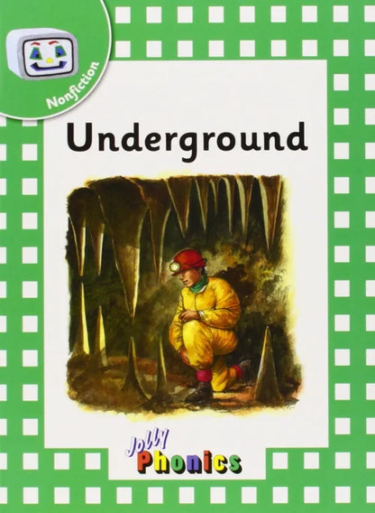 Book cover of 'Underground' by John Phonics with a miner illustration on a green checkered background.