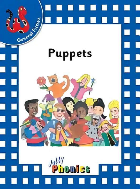 Book cover with cartoon puppets and 'Jolly Phonics' branding on a blue and white checkered background.