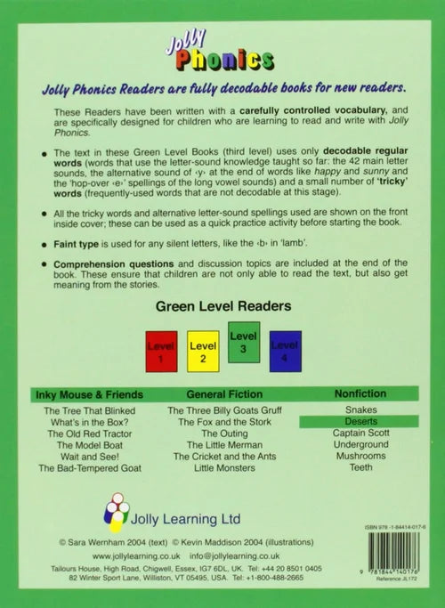 Back cover of a Jolly Phonics reader with text and color-coded levels on a green background.
