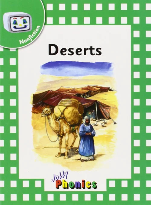 Book cover of 'Deserts' with a camel and person illustration on a green checkered background.