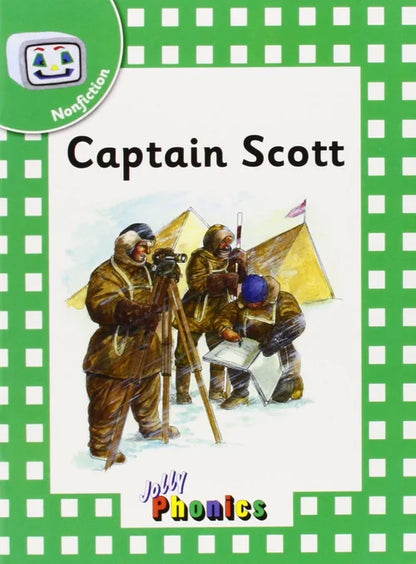 Book cover of 'Captain Scott' with illustrations of explorers in a snowy landscape, featuring Jolly Phonics logo.