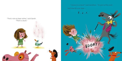 Illustrated book page with characters and a 'BOOM!' explosion on a blue background
