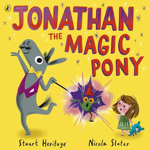 Book cover of 'Jonathan the Magic Pony' with cartoon pony and child on yellow background