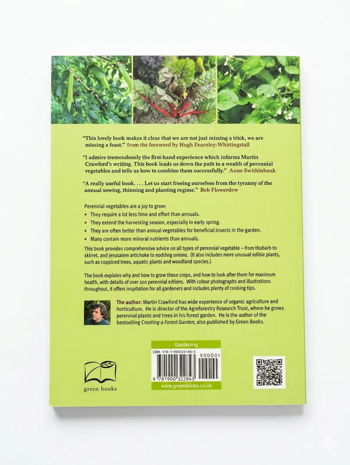 Back cover of a book with text and a QR code on a white background