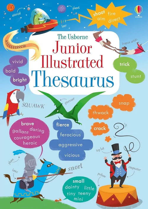 Cover of 'The Usborne Junior Illustrated Thesaurus' with colorful illustrations and text.