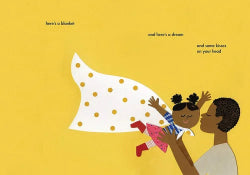 Illustration of a parent holding a child with a blanket and text on a yellow background