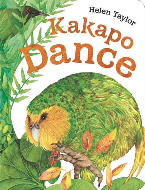 Book cover of 'Kakapo Dance' by Helen Taylor featuring a green parrot and leaves.