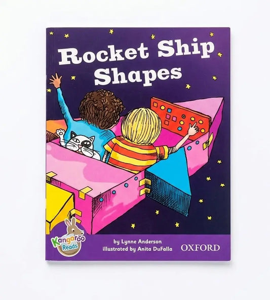 Children's book titled 'Rocket Ship Shapes' by Lynne Anderson, illustrated by Anita DuFalla, published by Oxford. The cover features a purple space background with two children and a cat in colorful rocket ships.