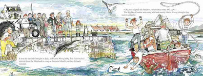 Illustrated scene with people by a dock and on a boat, with text overlay.