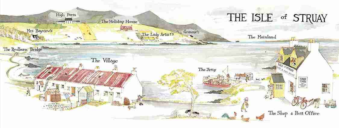 Cartoon-style map of 'The Isle of Struay' with various locations and activities.