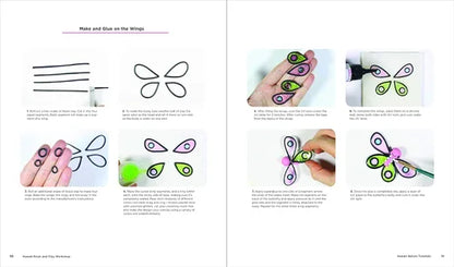 Illustration book page showing step-by-step instructions for making a butterfly with colored dots on wings.