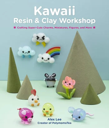 Book cover of 'Kawaii Resin & Clay Workshop' with resin charms and figures on a light blue background.