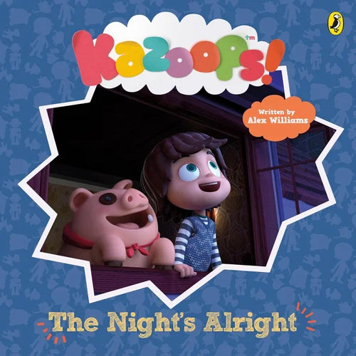 Book cover of 'Kazoops! The Night's Alright' with two animated characters on a blue background.
