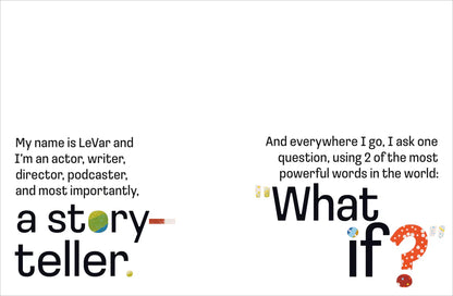 Text about LeVar as an actor, writer, director, podcaster, and storyteller with a question using 'What if?' on a white background.