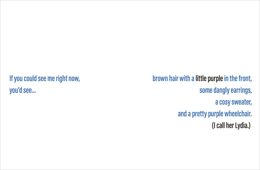 Text on a white background describing a person with brown hair with purple, dangle earrings, a cozy sweater, and a purple wheelchair.