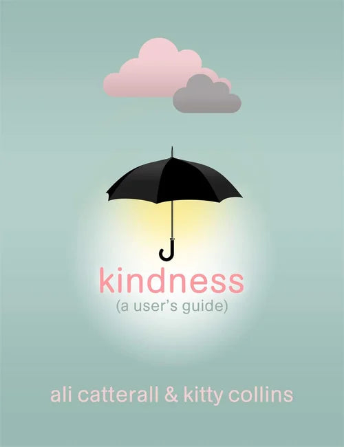Book cover of 'Kindness (a user's guide)' with an umbrella and clouds on a light blue background.