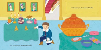 Illustration of a child reaching for a toy in a kitchen setting with a table and various items.