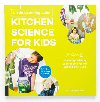 Book cover of 'Kitchen Science for Kids' with images of children conducting experiments on a yellow background.