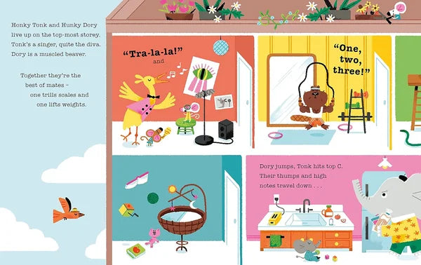 Illustrated children's book page with colorful scenes of animals and objects.