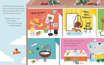 Illustrated children's book page with colorful scenes of animals and objects.