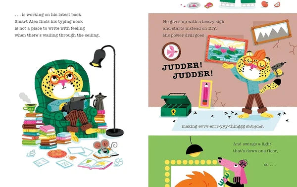 Illustrated book page with a character reading a book and another character using a power drill, with text and colorful elements.