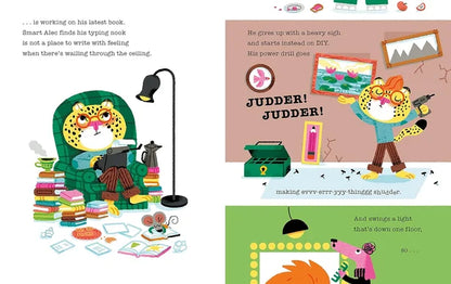 Illustrated book page with a character reading a book and another character using a power drill, with text and colorful elements.