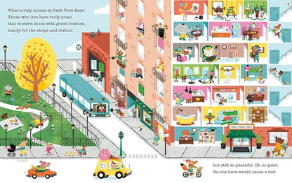 Illustrated city scene with buildings, street, and people in a neighborhood setting.