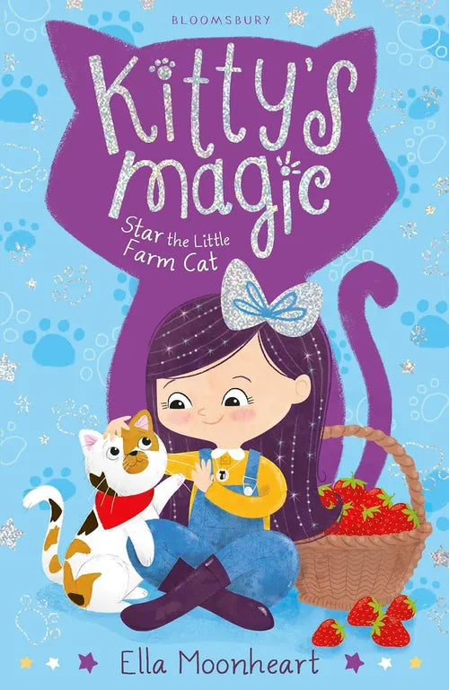 Book cover of 'Kitty's Magic' featuring a girl with a cat and a basket of strawberries on a blue background.