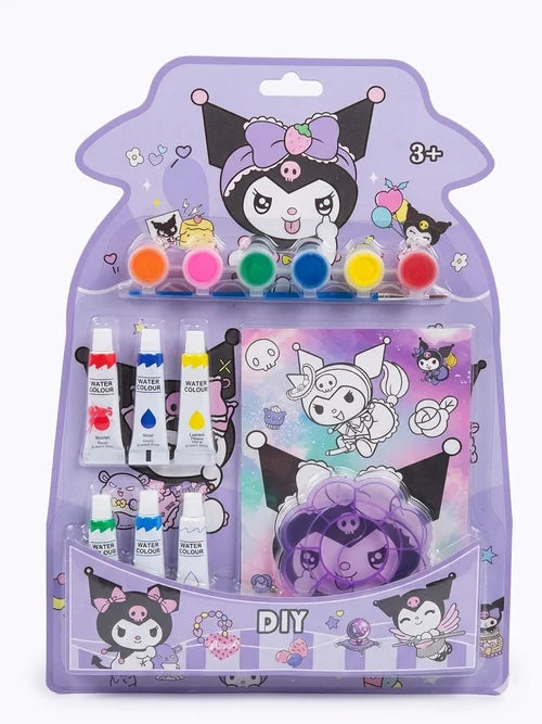 Children's art set with cartoon character packaging on a purple background