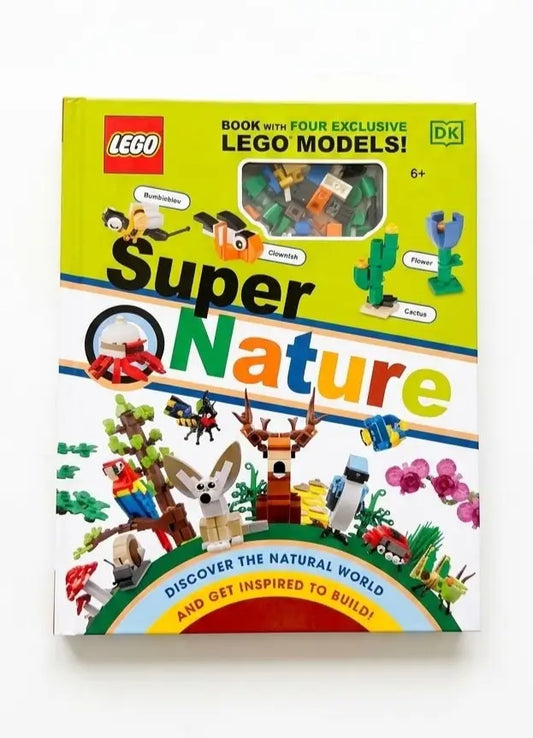 LEGO Super Nature book with four exclusive LEGO Models, published by DK. The book cover features a bright yellow-green top section and a white bottom section decorated with various colorful LEGO nature-themed builds, including a treehouse, bird, and animal figures.