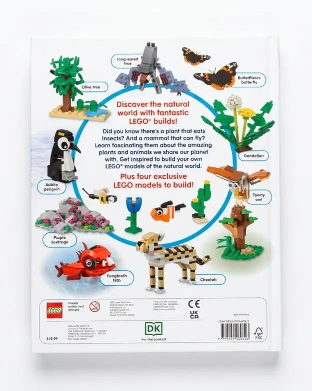 The back cover of a LEGO bricks set box, featuring colorful illustrations of various LEGO models such as a giraffe, penguin, butterfly, and red car, surrounded by descriptive text on a white background.