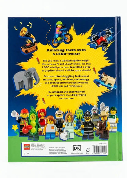 The back cover of a LEGO book, featuring a bright blue background with colorful LEGO minifigures, vehicles, and text about amazing facts with a LEGO twist. The LEGO logo and DK logo are visible at the bottom.