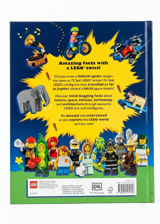 The back cover of a LEGO book, featuring a bright blue background with colorful LEGO minifigures, vehicles, and text about amazing facts with a LEGO twist. The LEGO logo and DK logo are visible at the bottom.