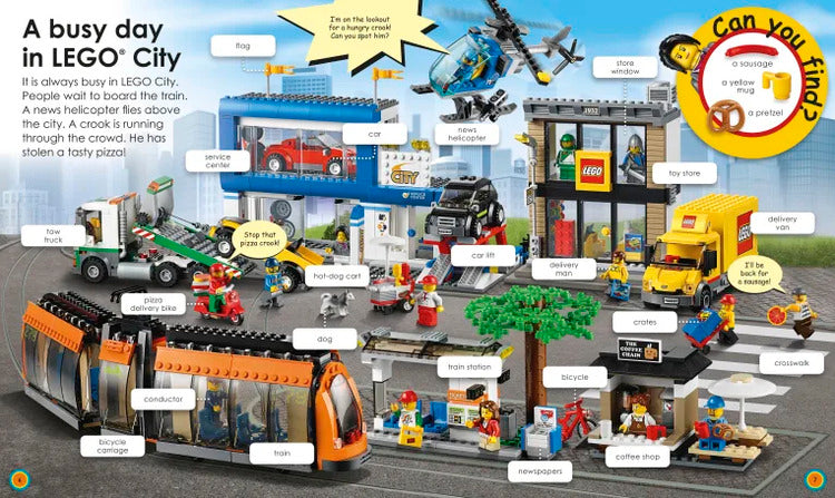 LEGO City scene with various buildings, vehicles, and characters on a busy day.