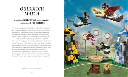 LEGO Quidditch set with characters on broomsticks against a blue sky.