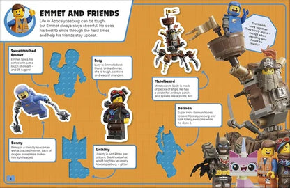 Illustration of LEGO Emmet and friends on an orange background