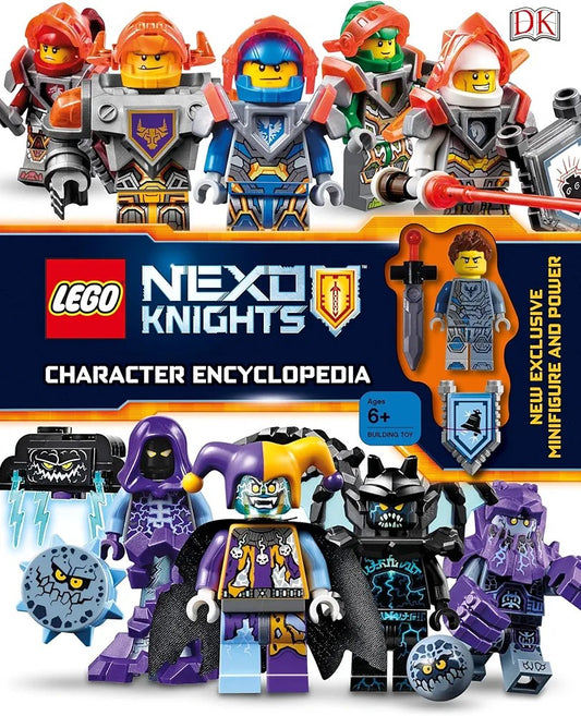 Cover of the LEGO NEXO KNIGHTS Character Encyclopedia book, featuring illustrations of the main characters and minifigures from the series.