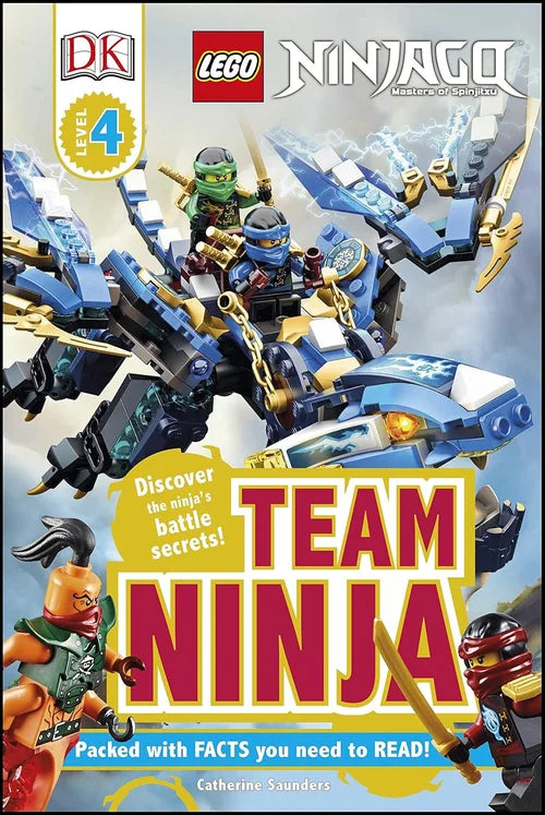 LEGO Ninjago book cover with characters and text on a white background
