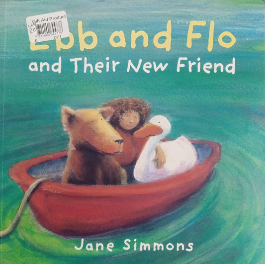 A children's book cover titled 'Lab and Flo and Their New Friend' by Jane Simmonds, featuring illustrations of an dog, a cat, and a bird with a red boat and blue background.