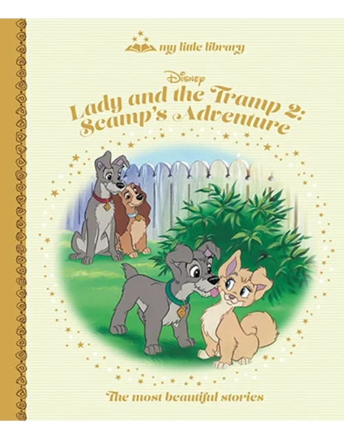 Book cover of 'Lady and the Tramp 2: Scamp's Adventure' with cartoon characters on a light green background.