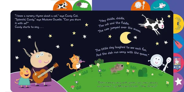Children's book page with cartoon animals and nursery rhyme text against a night sky.